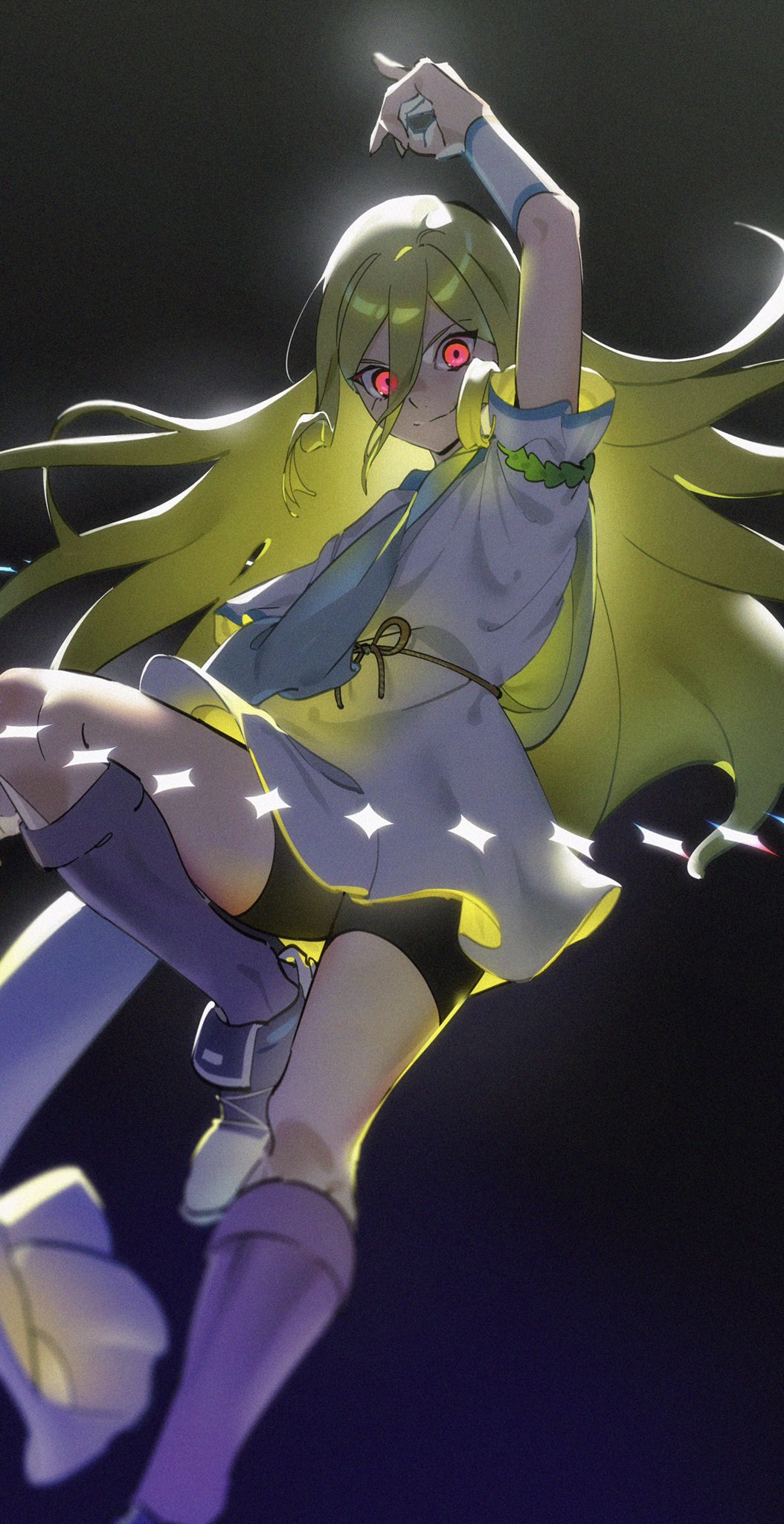 1boy afuro_terumi androgynous arm_up armband black_shorts blonde_hair closed_mouth floating floating_hair foot_out_of_frame from_below glowing glowing_eyes glowing_hair hair_between_eyes highres inazuma_eleven_(series) jumping kneehighs long_hair long_sleeves looking_at_viewer looking_down male_focus omisotayan pointing pointing_up purple_socks red_eyes shoes short_sleeves shorts smirk socks solo