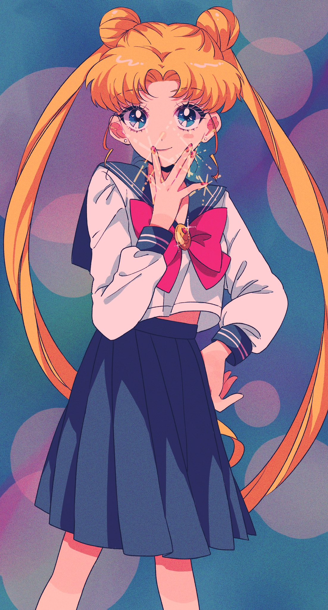 1girl bishoujo_senshi_sailor_moon blonde_hair blue_eyes blue_sailor_collar blue_skirt bow brooch commentary_request cowboy_shot double_bun earrings hair_bun hand_on_own_hip highres jewelry juuban_middle_school_uniform long_hair looking_at_viewer midriff_peek red_bow rumic_0620 sailor_collar school_uniform serafuku skirt smile solo sparkle sparkle_background tsukino_usagi twintails very_long_hair