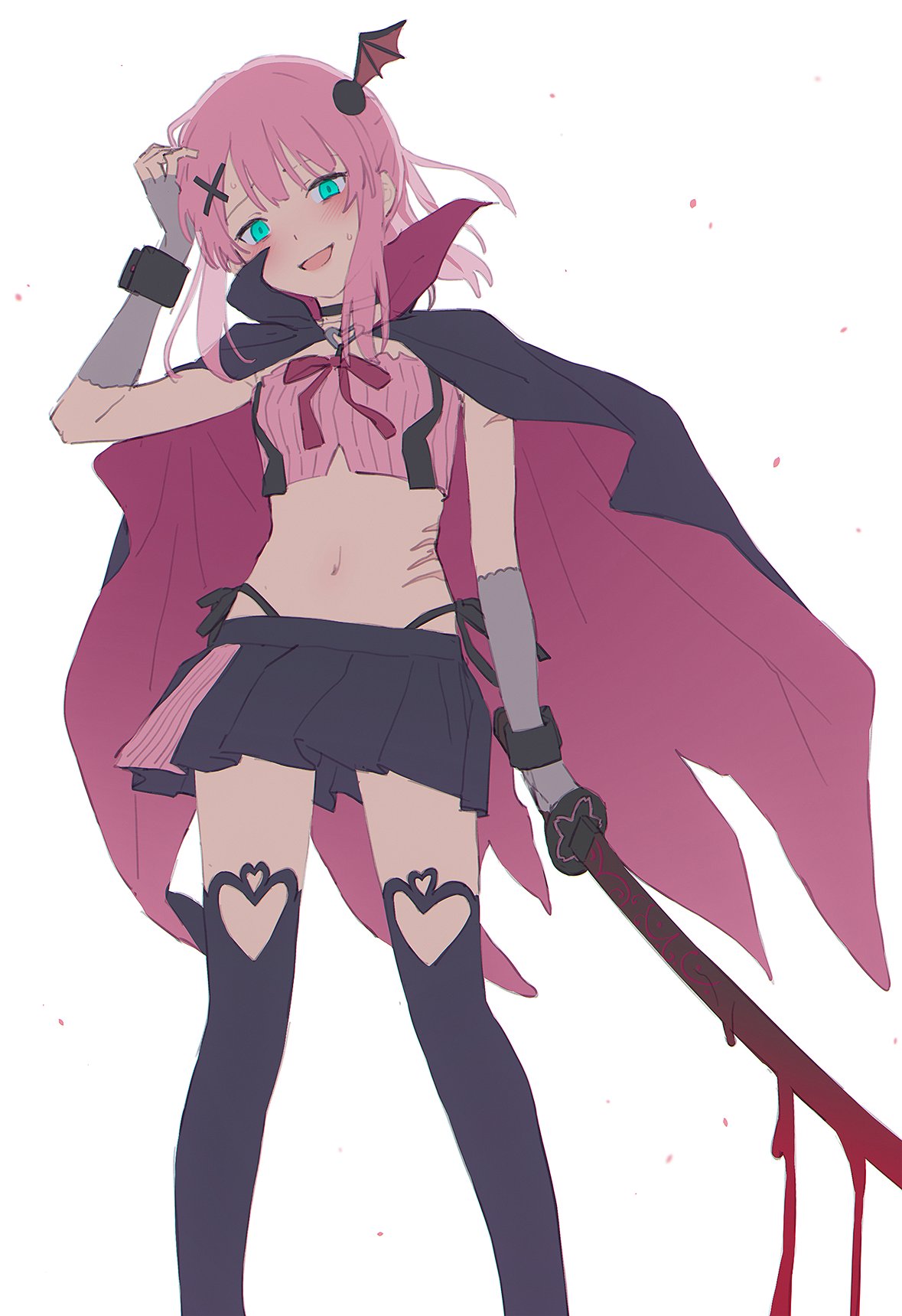 black_cape black_choker black_skirt blood blood_on_weapon blunt_bangs blush cape chiyoda_momo choker clothing_cutout crazy_smile crop_top fingerless_gloves gloves green_eyes hair_ornament hairclip hand_up heart_cutout highres holding holding_sword holding_weapon katana looking_at_viewer machikado_mazoku mikazuchi_zeus open_mouth panties parted_bangs pink_hair pink_ribbon pink_top pleated_skirt ribbon short_hair side-tie_panties sidelocks skirt smile sword thighhighs underwear weapon white_background wristband x_hair_ornament