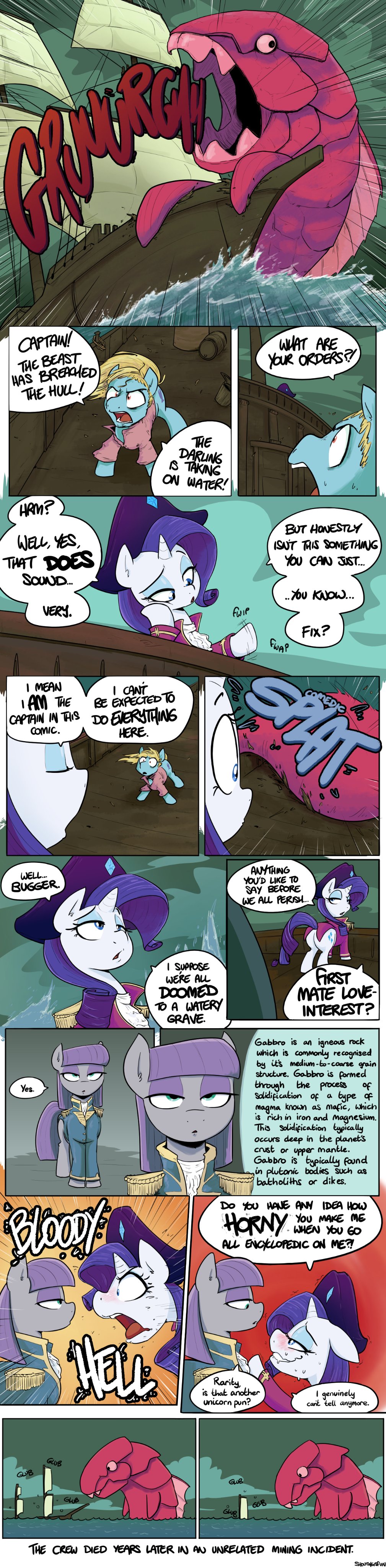 absurd_res ambiguous_gender aroused bodily_fluids butt comic dialogue equid equine female feral friendship_is_magic hasbro hi_res horn long_image male mammal maud_pie_(mlp) my_little_pony rarity_(mlp) sea_monster ship shoutingisfun sweat tall_image unicorn vehicle watercraft