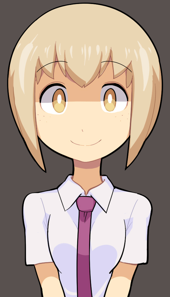 1girl blonde_hair bob_cut breasts bright_pupils brown_background closed_mouth collared_shirt commentary_request freckles hospital_king looking_at_viewer medium_bangs medium_breasts necktie purple_necktie shaded_face shirt short_hair simple_background smile solo tanaka_mako upper_body watashi_ga_motenai_no_wa_dou_kangaetemo_omaera_ga_warui! white_pupils white_shirt yellow_eyes