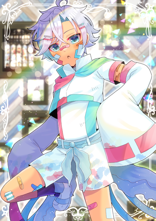 :o ahoge bandaid bandaid_on_leg black_socks blue_eyes blue_hair blurry blurry_background character_request commentary_request commission cropped_jacket depth_of_field grey_hair hair_between_eyes hair_ornament hairclip indie_virtual_youtuber jacket kou_hiyoyo long_sleeves looking_at_viewer multicolored_hair parted_bangs parted_lips shirt shoes short_shorts shorts skeb_commission sleeves_past_fingers sleeves_past_wrists socks standing standing_on_one_leg two-tone_hair virtual_youtuber white_footwear white_jacket white_shirt white_shorts wide_sleeves