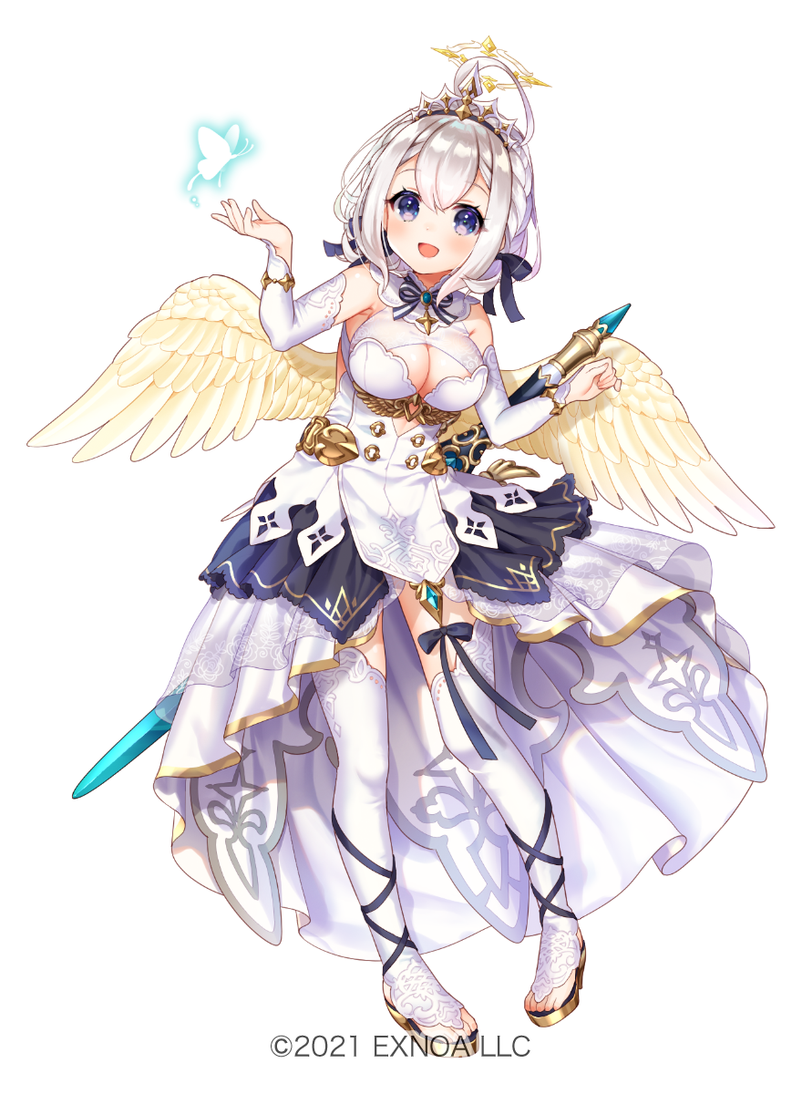 1girl :d ahoge angel_wings angelic_link blush breasts bug butterfly character_request cleavage_cutout clothing_cutout commentary_request detached_sleeves full_body glowing_butterfly grey_hair halo highres large_breasts long_sleeves official_art pico_(p_i_c_o) purple_eyes short_hair simple_background smile solo tachi-e thighhighs tiara weapon weapon_on_back white_background white_thighhighs wings yellow_wings