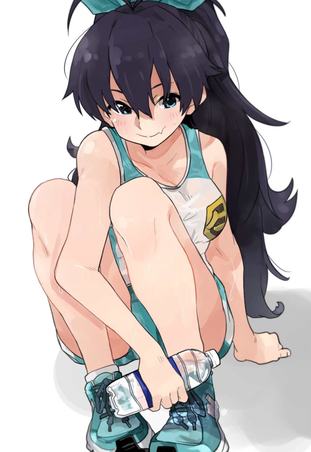 1girl antenna_hair arm_support bare_shoulders black_hair blue_eyes blush bottle bow breasts cleavage closed_mouth collarbone fang ganaha_hibiki green_footwear green_ribbon green_shirt green_shorts hair_bow hair_ribbon highres holding holding_bottle idolmaster idolmaster_(classic) idolmaster_million_live! idolmaster_million_live!_theater_days knees_up long_hair looking_at_viewer medium_breasts ponytail ribbon shadow shirt shoes shorts simple_background sitting skin_fang sleeveless sleeveless_shirt smile sneakers socks solo sweat wataro_(watawatawatapon) white_background white_socks