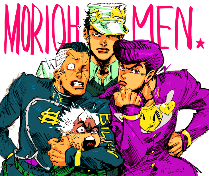 4boys ? bad_id bad_tumblr_id belt buttons clenched_teeth crest diamond_wa_kudakenai dollar_sign earrings english_commentary gakuran green_belt green_jacket green_shirt group_picture hand_on_own_hip hat hat_over_one_eye higashikata_josuke hirose_koichi jacket jewelry jojo_no_kimyou_na_bouken kotteri kujo_jotaro looking_at_viewer male_focus multiple_boys nijimura_okuyasu pompadour purple_eyes purple_hair purple_jacket red_lips school_uniform shirt short_hair simple_background strangling teeth thick_eyebrows upper_body white_background white_hair yellow_shirt