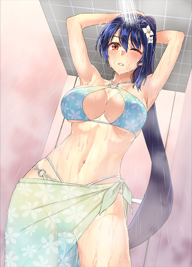 1girl abo_(hechouchou) armpits arms_up bikini blue_hair blush breasts cleavage commission floral_print flower hair_between_eyes hair_flower hair_ornament large_breasts long_hair o-ring o-ring_bikini one_eye_closed original parted_lips ponytail red_eyes sarong showering skeb_commission solo steam swimsuit very_long_hair water wet white_flower