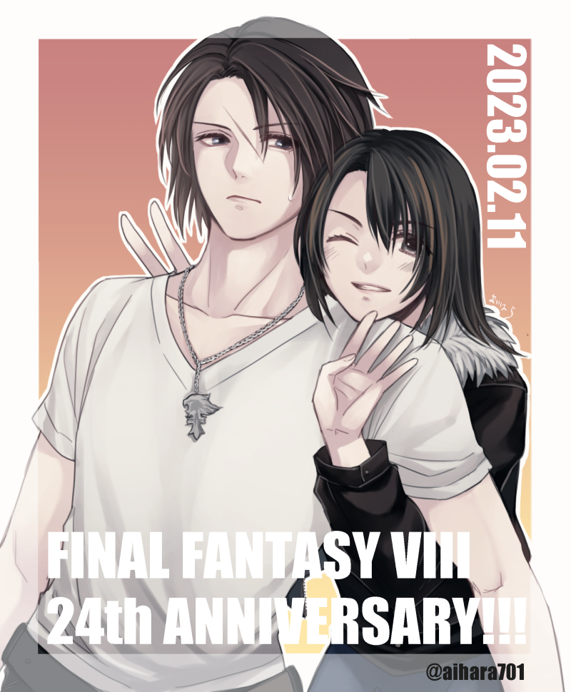 1boy 1girl anniversary belt black_hair black_jacket black_pants blue_eyes brown_hair chain_necklace commentary cosplay costume_switch couple dated final_fantasy final_fantasy_viii finger_counting fur-trimmed_jacket fur_trim gradient_background grey_eyes grin head_on_another's_shoulder hiryuu_(kana_h) hug hug_from_behind jacket jewelry long_sleeves looking_at_another multicolored_hair necklace one_eye_closed orange_background pants rinoa_heartilly scar scar_on_face shirt short_hair short_sleeves signature simple_background smile squall_leonhart standing streaked_hair sweatdrop t-shirt twitter_username upper_body v-neck white_shirt yellow_background