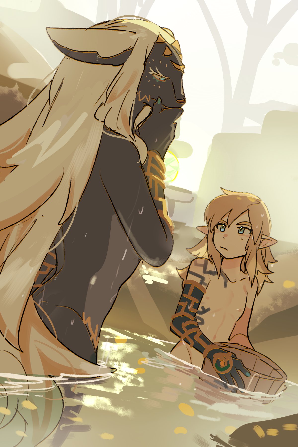 2boys blonde_hair blue_eyes bucket closed_mouth eye_contact furry furry_male hand_on_own_chin hand_up highres holding holding_bucket link long_hair looking_at_another male_focus multiple_boys nude pointy_ears rauru_(tears_of_the_kingdom) suikaels the_legend_of_zelda water wet white_hair
