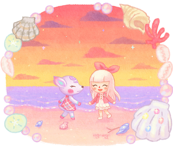 2girls :d ^_^ animal_crossing beach blunt_bangs blush cardigan closed_eyes closed_mouth cloud commentary_request conch coral deer_girl diana_(animal_crossing) dress dusk eyelashes furry furry_female gem hair_ribbon horizon long_hair long_sleeves moai_(aoh) multiple_girls ocean open_cardigan open_clothes open_mouth orange_sky outdoors pearl_(gemstone) pink_cardigan pink_dress pink_ribbon ribbon sand sand_dollar scallop seashell shell sky sleeveless sleeveless_dress smile standing twilight villager_(animal_crossing) walking water white_dress white_hair