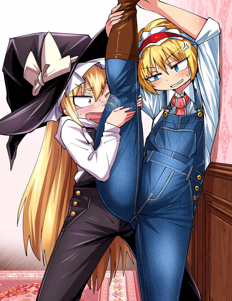 2girls against_wall alice_margatroid alternate_costume anger_vein black_headwear black_overalls blonde_hair blue_eyes blue_overalls bow brown_footwear buttons commentary_request denim frilled_hairband frills hairband hat hat_bow holding_another's_leg holding_own_foot indoors kirisame_marisa long_hair multiple_girls open_mouth overalls pink_ribbon red_hairband ribbon rug shimizu_pem shirt short_hair split standing standing_on_one_leg standing_split touhou white_bow white_shirt witch_hat yellow_eyes