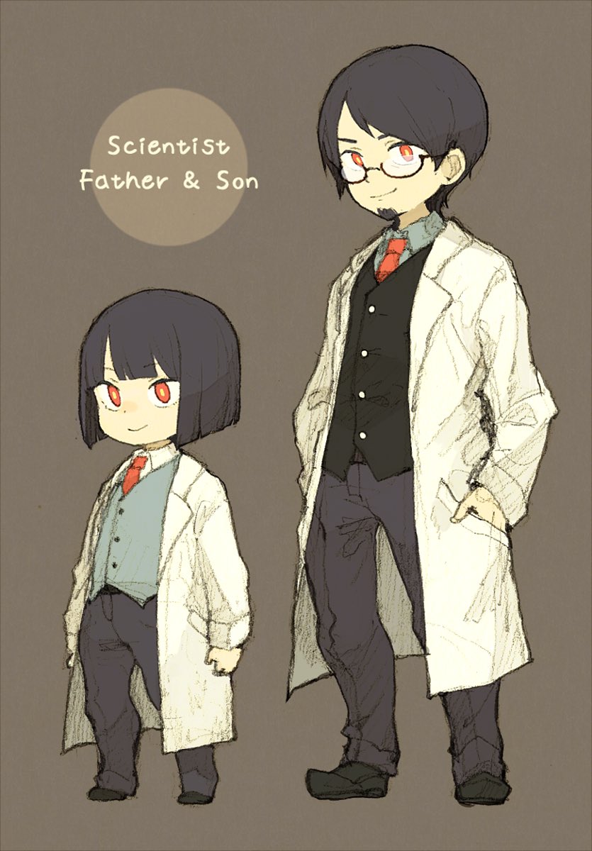 2boys black-framed_eyewear black_footwear black_vest blunt_bangs blunt_ends brown_background child closed_mouth collared_shirt commentary_request english_text facial_hair father_and_son glasses goatee grey_hair grey_pants grey_shirt grey_vest hands_in_pockets highres lab_coat lamech_(maniani) long_sleeves male_focus maniani multiple_boys necktie noah_(maniani) original otoko_no_ko pants red_eyes red_necktie semi-rimless_eyewear shirt short_hair simple_background smile standing swept_bangs under-rim_eyewear vest waistcoat white_shirt yellow_pupils