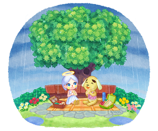 1boy 1girl :d ^_^ animal_crossing apple benjamin_(animal_crossing) blanket blue_eyes blue_flower blue_hair bottle bush closed_eyes closed_mouth cloud cloudy_sky commentary_request dog_boy dress flower food fruit furry furry_male halo holding holding_food looking_at_another lunchbox moai_(aoh) open_mouth outdoors parted_bangs picnic pink_flower pink_shirt rain red_flower sandwich shirt short_hair sitting sky sleeveless sleeveless_dress sleeveless_shirt smile thermos tree tree_hollow villager_(animal_crossing) white_dress white_flower