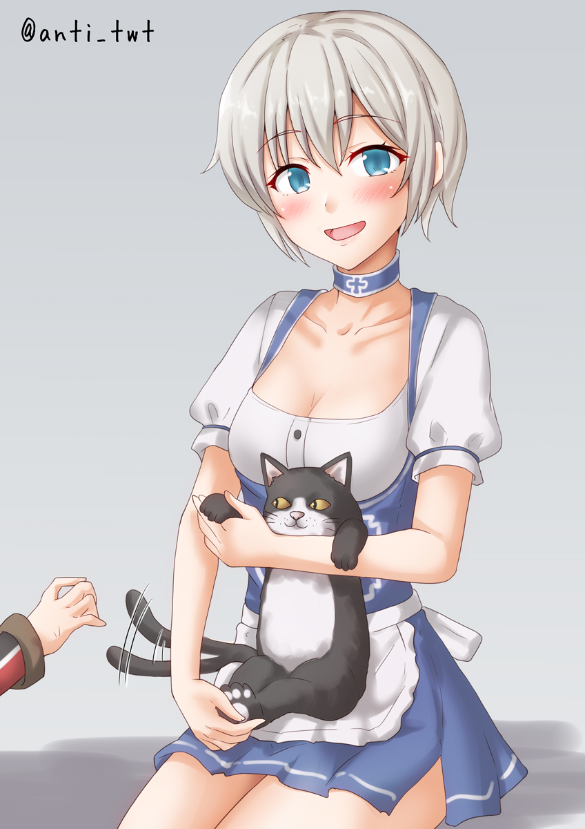 2girls anti_(untea9) apron blonde_hair blue_eyes blush breasts cat cleavage country_connection dirndl german_clothes gradient_background grey_background grey_hair hat highres kantai_collection looking_at_viewer multiple_girls official_alternate_costume open_mouth prinz_eugen_(kancolle) sailor_collar sailor_hat short_hair sitting twitter_username unsinkable_sam z1_leberecht_maass_(kancolle)