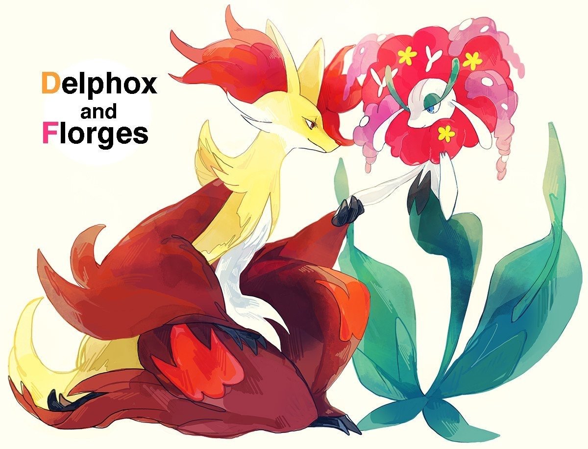 1girl 1other couple delphox eye_contact florges furry hand_grab hand_on_own_hip kneeling looking_at_another monster_girl multicolored_fur no_humans plant_girl pokemon pokemon_(creature) red_fur white_fur yellow_fur