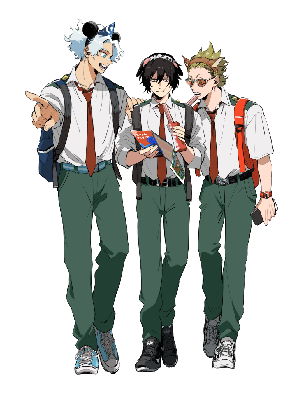 3boys animal_ear_hairband backpack bag bandaid bandaid_on_face bandaid_on_nose black_bag black_footwear black_hair blonde_hair blue_eyes blue_footwear boku_no_hero_academia cellphone checkered_footwear chewing disneyland eating eraser_head_(boku_no_hero_academia) food_request full_body green_pants hair_between_eyes hand_on_another's_shoulder highres holding holding_map holding_phone looking_at_map loud_cloud male_focus map mickey_mouse_ears multiple_boys necktie orange-tinted_eyewear pants phone pointy_ears present_mic red_bag red_necktie rnuyvm shirt short_hair simple_background smartphone teeth tinted_eyewear watch white-framed_eyewear white_background white_footwear white_hair white_shirt wristwatch