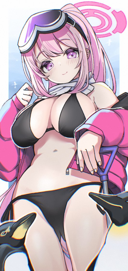 1girl bare_shoulders bikini bird black_bikini blue_archive blush breasts cleavage closed_mouth eimi_(blue_archive) eimi_(swimsuit)_(blue_archive) goggles goggles_on_head halo izuoku jacket large_breasts long_hair long_sleeves looking_at_viewer navel off_shoulder official_alternate_costume open_clothes open_jacket penguin pink_hair pink_jacket ponytail purple_eyes scarf shovel sidelocks smile solo swimsuit thighs very_long_hair white_scarf