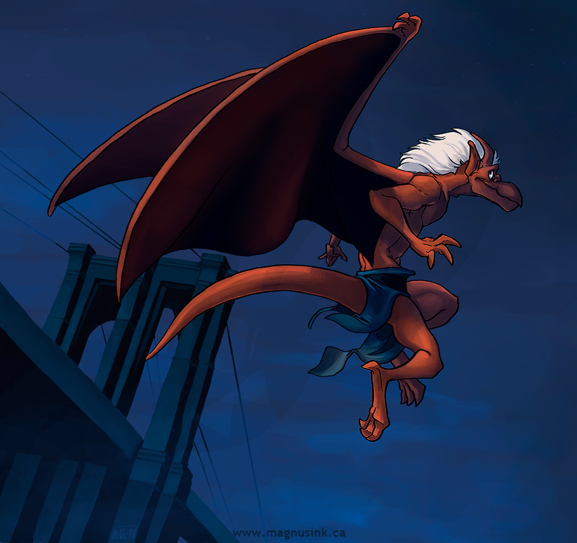 anthro bottomwear bridge brooklyn_(gargoyles) clothing detailed_background digital_media_(artwork) disney flying gargoyle gargoyles hair horn humanoid_pointy_ears loincloth male membrane_(anatomy) membranous_wings red_body scalie solo tail weremagnus white_hair wings