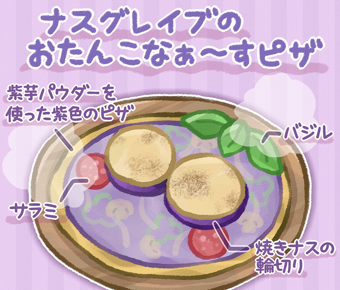 basil_leaf doradorakingyo eggplant food food_focus foodification madou_monogatari nasu_grave no_humans pepperoni pizza purple_background puyopuyo steam striped striped_background translation_request tray