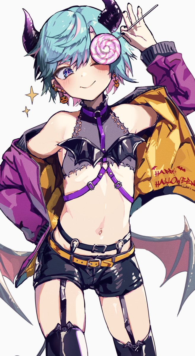 1boy ;) arm_up bare_shoulders bat_wings belt black_nails black_shorts black_thighhighs blue_eyes blue_hair blush candy closed_mouth colored_inner_hair commentary_request contrapposto cowboy_shot crop_top demon_boy demon_horns earrings food garter_belt halloween halloween_costume hand_on_own_hip happy_halloween head_tilt heart heart_earrings highres holding holding_candy holding_food holding_lollipop horns indie_virtual_youtuber jack-o'-lantern jack-o'-lantern_earrings jacket jewelry lollipop male_focus midriff multicolored_hair nail_polish navel o-ring one_eye_closed open_clothes open_jacket otoko_no_ko pink_hair pink_jacket short_hair short_shorts shorts smile solo sparkle stomach swirl_lollipop thighhighs two-sided_fabric two-sided_jacket two-tone_hair virtual_youtuber wings yoruhachi