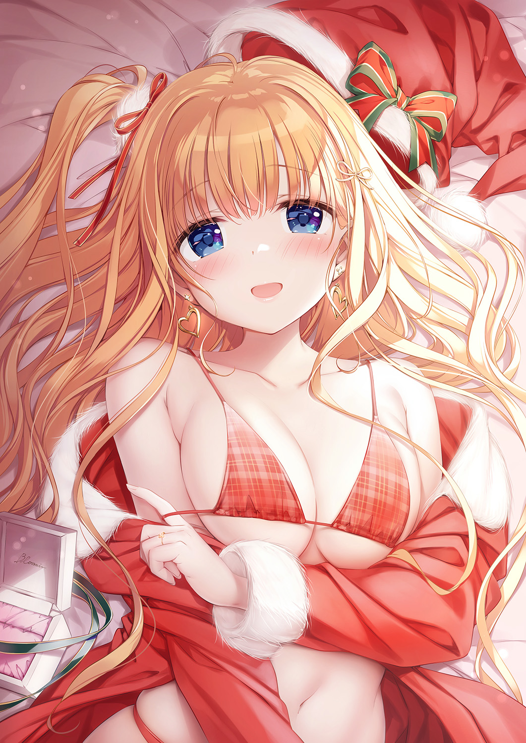 1girl blonde_hair blue_eyes blush bow bra checkered_bra checkered_clothes christmas coat earrings fur-trimmed_coat fur-trimmed_sleeves fur_trim hair_between_eyes hair_ribbon hat heart heart_earrings high_ponytail highres jewelry kimishima_ao long_hair long_sleeves looking_at_viewer lying midriff navel on_back on_bed open_mouth original panties red_bra red_panties red_ribbon ribbon ring ring_box santa_hat side_ponytail skindentation solo straight_hair underwear