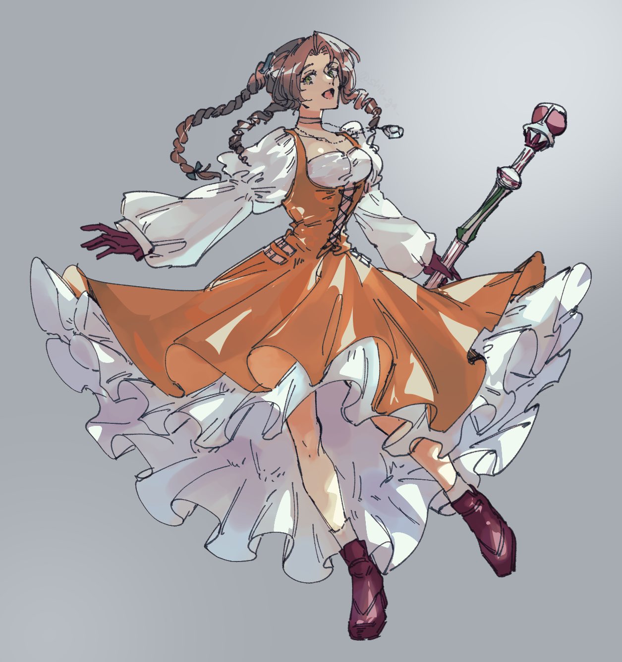 aerith_gainsborough boots braid braided_ponytail breasts brown_hair cleavage cosplay crystal dress final_fantasy final_fantasy_ix final_fantasy_vii final_fantasy_vii_ever_crisis frilled_dress frills full_body garnet_til_alexandros_xvii garnet_til_alexandros_xvii_(cosplay) gloves green_eyes grey_background grey_choker high-low_skirt highres holding holding_staff jewelry juliet_sleeves lace-up_top long_dress long_sleeves mage_staff medium_breasts official_alternate_costume open_mouth orange_dress outstretched_arms parted_bangs pendant puffy_long_sleeves puffy_sleeves red_footwear red_gloves shio_ga sidelocks single_braid smile socks staff wavy_hair white_socks