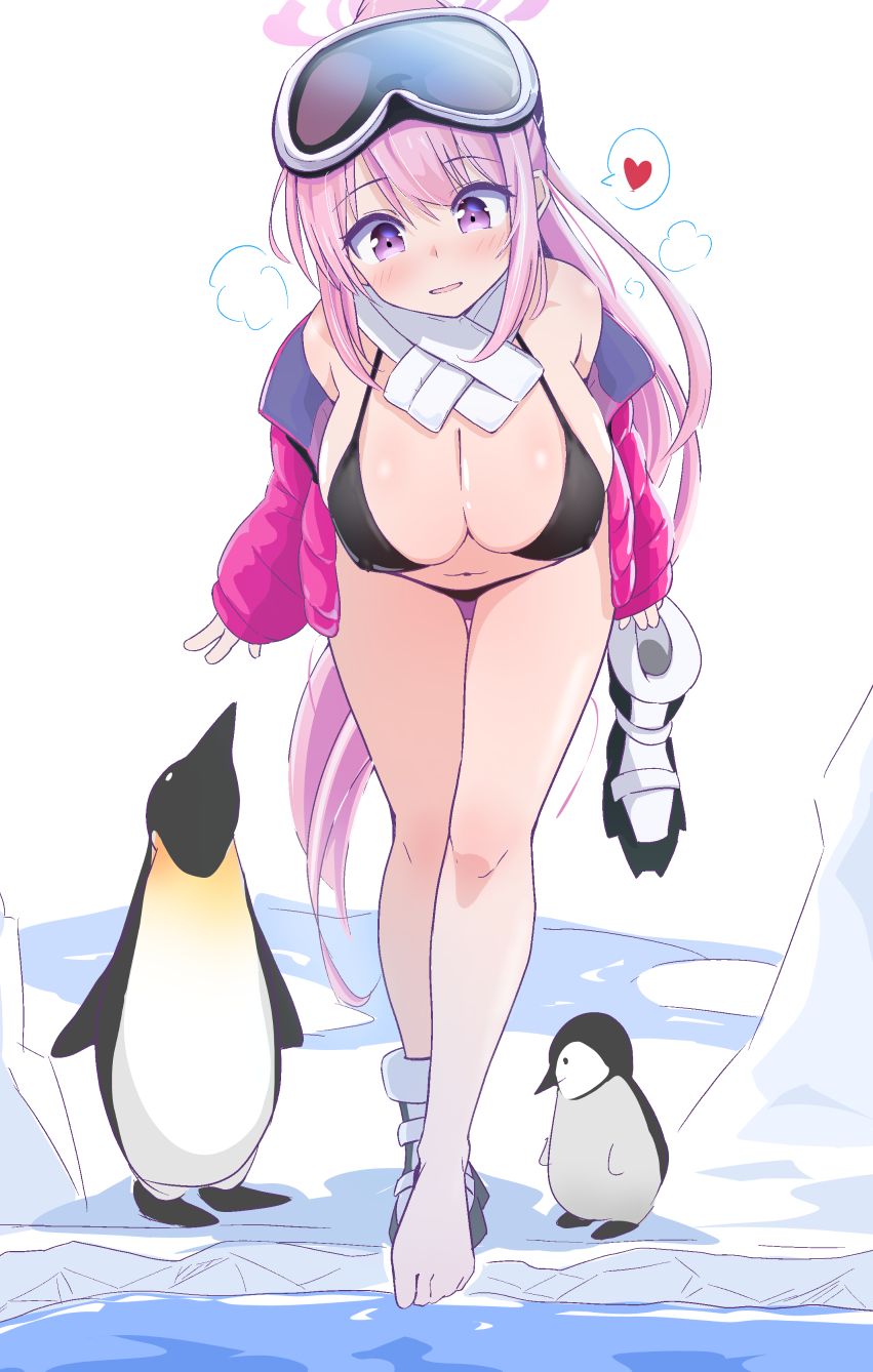 1girl animal barefoot bikini bird black_bikini blue_archive breasts commentary_request eimi_(blue_archive) eimi_(swimsuit)_(blue_archive) full_body goggles goggles_on_head halo heart highres ice large_breasts long_hair looking_at_viewer official_alternate_costume pc_fworks penguin pink_halo solo spoken_heart standing swimsuit
