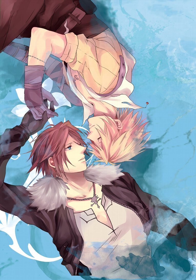 2boys afloat arm_up asymmetrical_arms black_gloves black_jacket black_pants blonde_hair blue_background blue_eyes bracelet brown_hair closed_eyes commentary_request couple cropped_jacket dissidia_final_fantasy final_fantasy final_fantasy_viii final_fantasy_x fur-trimmed_jacket fur_trim gloves half-closed_eyes high_collar holding_hands in_water jacket jewelry light_smile long_sleeves looking_at_another lying male_focus minatoya_mozuku multiple_boys necklace on_back on_side open_clothes open_jacket open_shirt pants rotational_symmetry scar scar_on_face shirt short_hair sleeves_rolled_up squall_leonhart tidus v-neck white_shirt yaoi yellow_shirt
