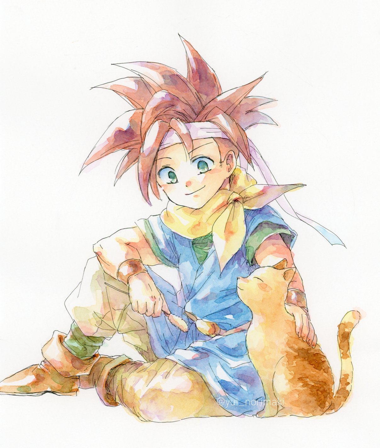 1boy blue_tunic boots bracer brown_footwear cat chrono_trigger closed_mouth crono_(chrono_trigger) full_body green_eyes green_shirt headband highres holding holding_plant male_focus neckerchief pants petting plant red_hair shirt short_hair short_sleeves sitting smile spiked_hair traditional_media twitter_username white_background white_headband white_pants yellow_neckerchief yui_norimaki