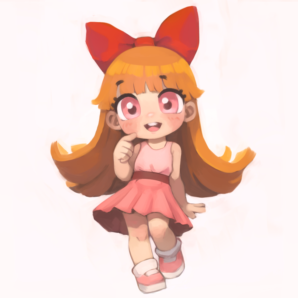 1girl blossom_(ppg) bow child commentary dress english_commentary full_body hair_bow long_hair looking_at_viewer open_mouth orange_hair pink_dress pink_eyes pink_footwear powerpuff_girls qtkat ribbon shoes sleeveless sleeveless_dress smile socks solo white_socks