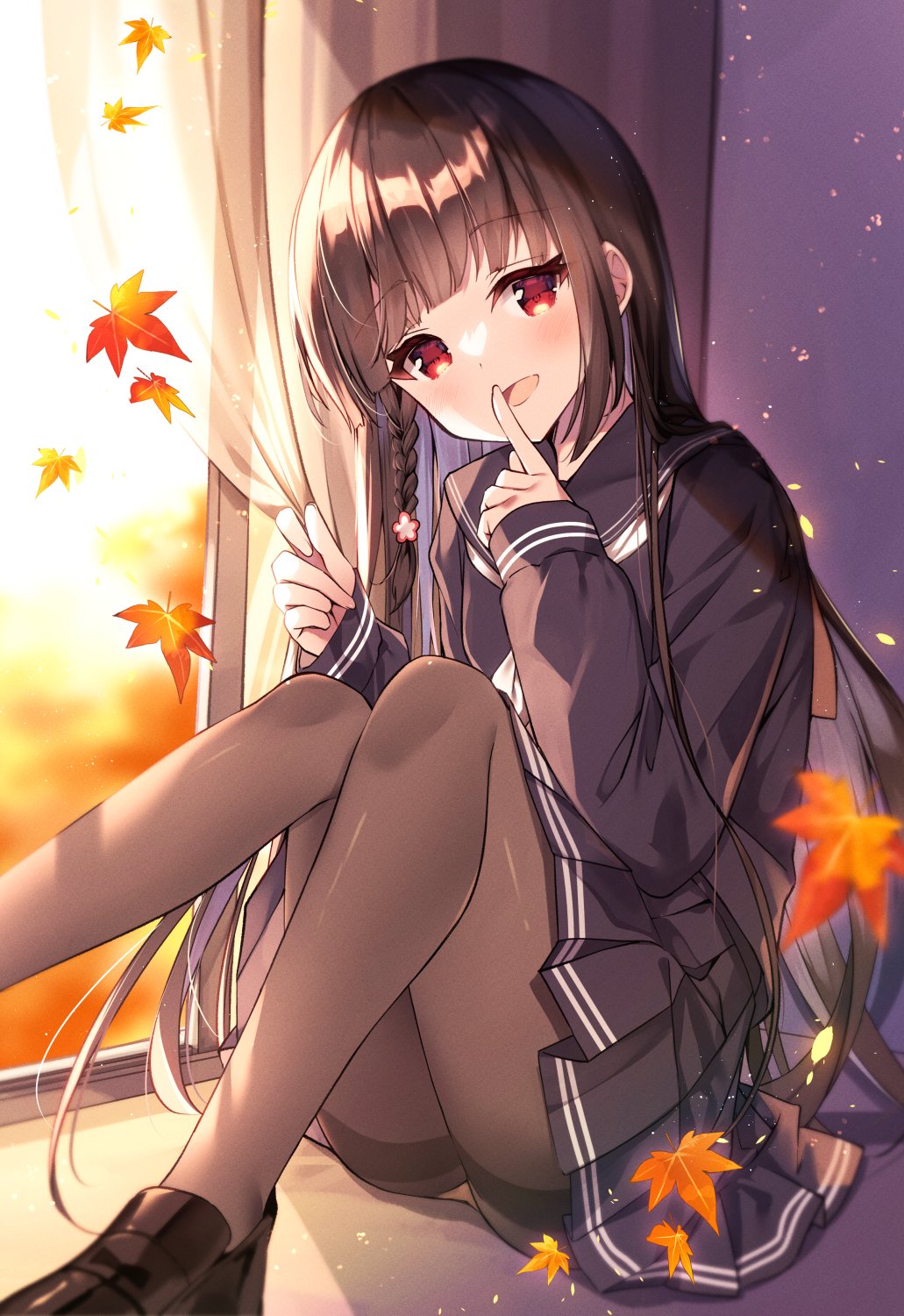 1girl autumn autumn_leaves black_footwear black_hair black_pantyhose black_sailor_collar black_serafuku black_skirt blunt_bangs blurry blush borrowed_character braid commentary commission curtains day depth_of_field eyelashes falling_leaves feet_out_of_frame finger_to_mouth floating_hair hair_over_shoulder hands_up head_tilt highres index_finger_raised indoors irori knees_up leaf light_particles long_hair looking_at_viewer miniskirt open_mouth original pantyhose pleated_skirt red_eyes sailor_collar school_uniform serafuku shirt shushing sidelighting sidelocks single_braid sitting skeb_commission skirt sleeves_past_wrists smile solo straight_hair thighband_pantyhose thighs very_long_hair white_shirt window