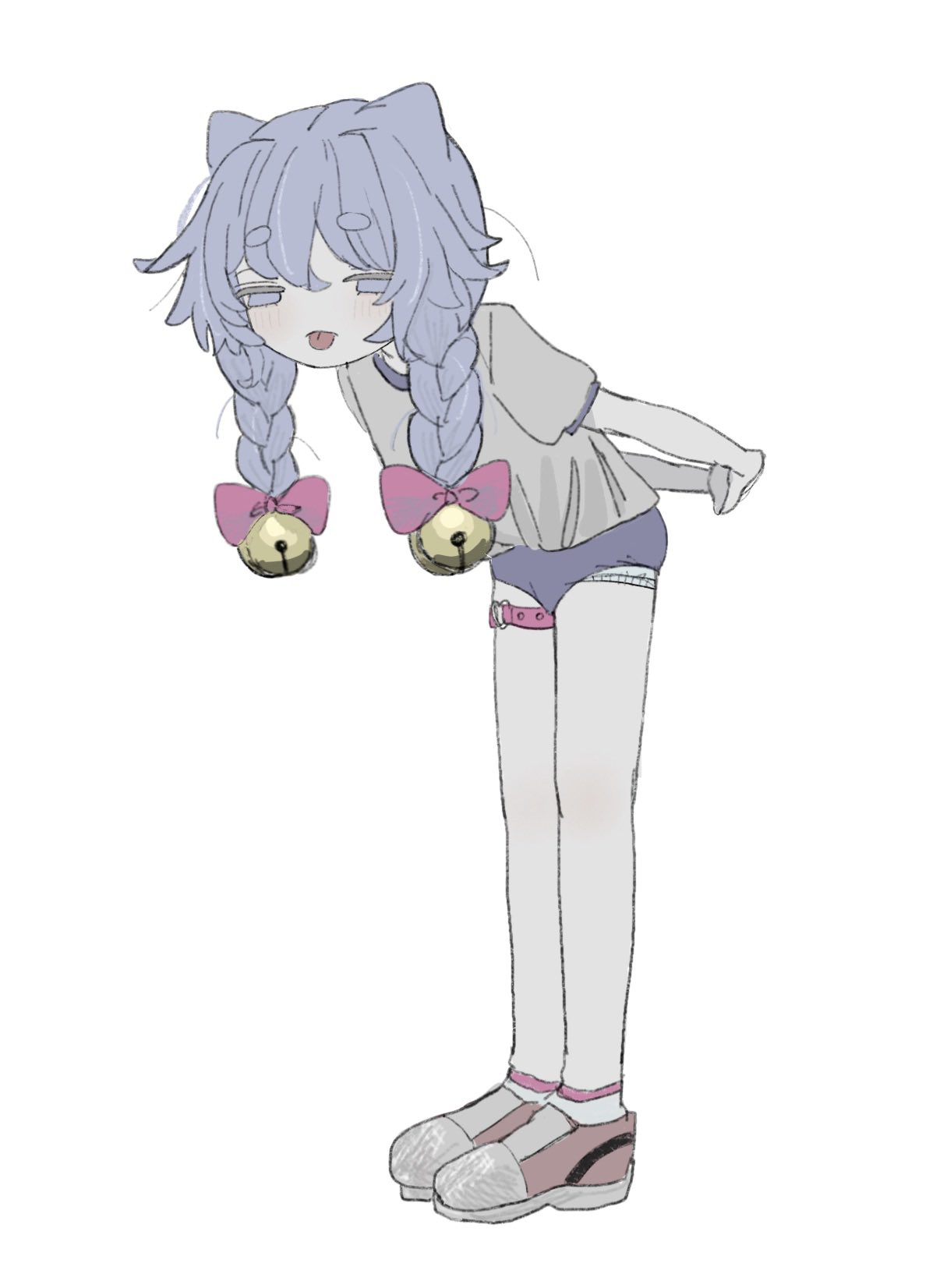 1girl animal_ears arms_behind_back bell blue_eyes blue_hair bow braid buruma cat_ears full_body grey_shirt gym_shirt gym_uniform hair_bow highres hougetsu_(moon_neetcat) jingle_bell leaning_forward long_hair original own_hands_together panties pink_bow pink_footwear pink_socks purple_buruma shirt short_sleeves simple_background socks solo standing stretching thigh_strap tongue tongue_out twin_braids underwear white_background white_panties