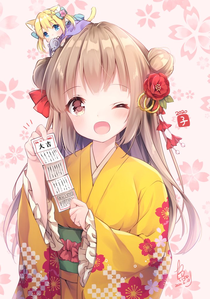 1girl 2022 ;d blunt_bangs blush bow brown_eyes brown_hair cherry_blossom_print chibi chibi_on_head commentary_request dated double_bun eyelashes floral_print flower frilled_sleeves frills hair_bow hair_bun hair_flower hair_ornament happy holding holding_paper irori japanese_clothes kanzashi kimono koharu_(irori) long_hair long_sleeves looking_at_viewer new_year notice_lines omikuji on_head one_eye_closed open_mouth original paper pink_background red_bow red_flower sidelocks signature simple_background smile solo upper_body wide_sleeves yellow_kimono