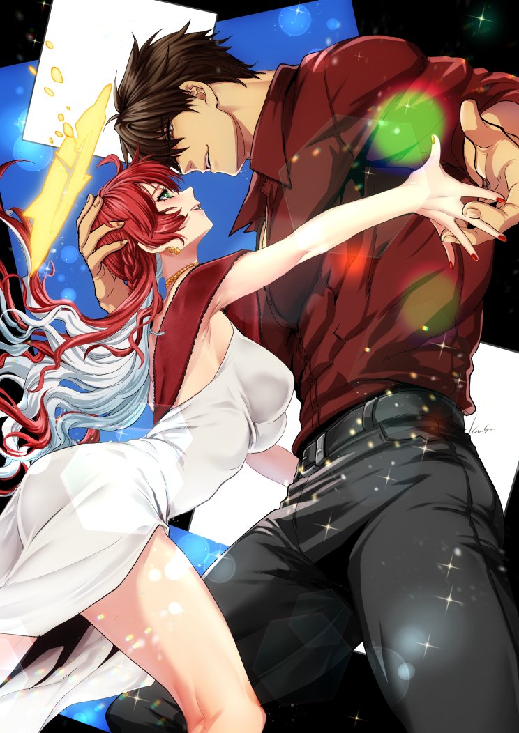 1boy 1girl breasts brown_eyes brown_hair colored_inner_hair compass_rose_halo covered_abs dress earrings green_eyes guilty_gear guilty_gear_strive guilty_gear_strive_x_tower_records halo husband_and_wife jack-o'_valentine jewelry kusu_(moo1225) large_breasts long_hair long_sleeves looking_at_another mature_female messy_hair multicolored_hair muscular muscular_male official_alternate_costume official_alternate_hair_length official_alternate_hairstyle open_mouth pectorals red_hair short_hair smile sol_badguy two-tone_hair very_long_hair wavy_hair white_dress white_hair