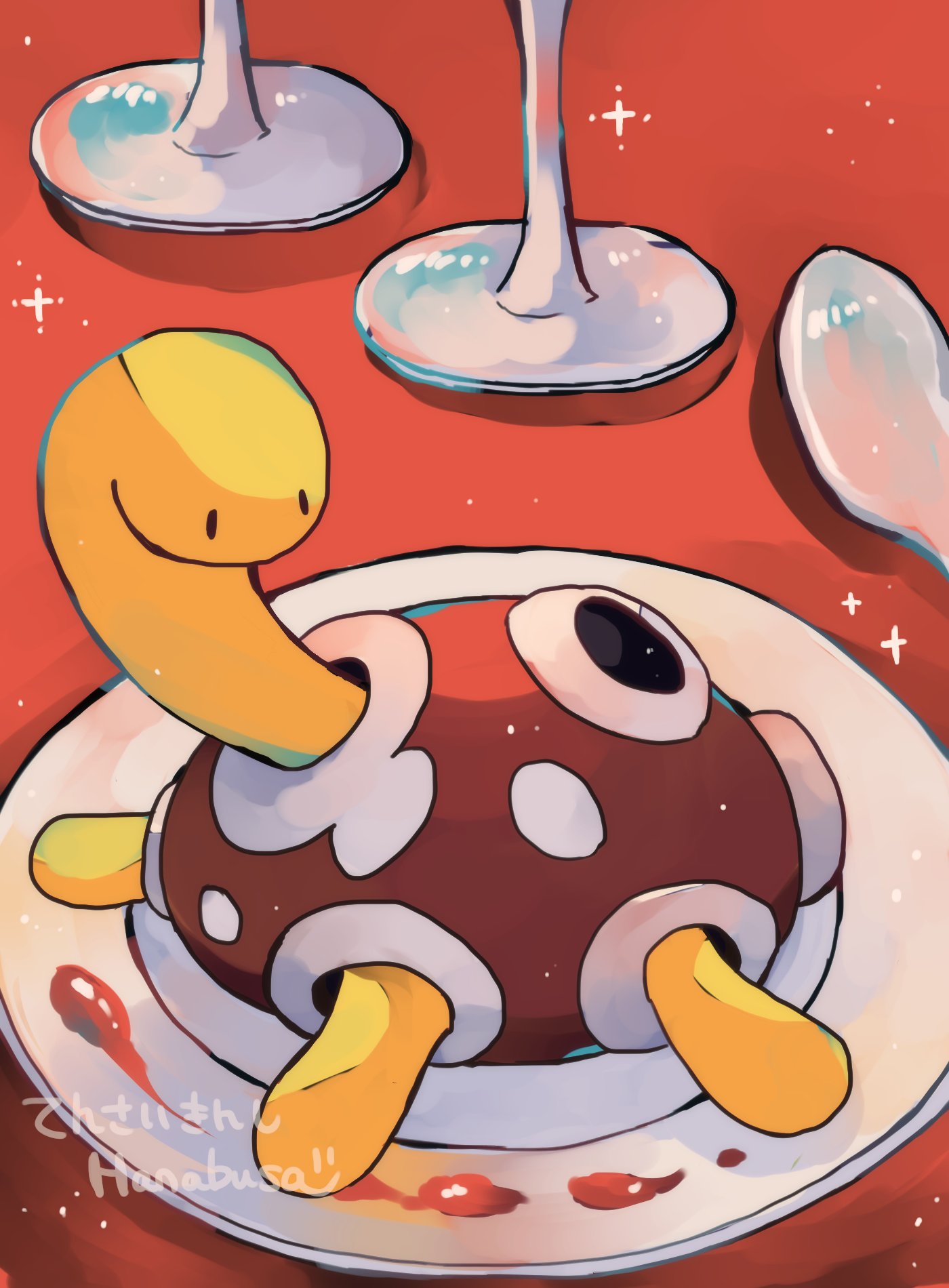 animal_focus artist_name colored_skin commentary_request glass hanabusaoekaki highres no_humans on_plate plate pokemon pokemon_(creature) red_background shell shuckle solid_oval_eyes solo sparkle spoon yellow_skin