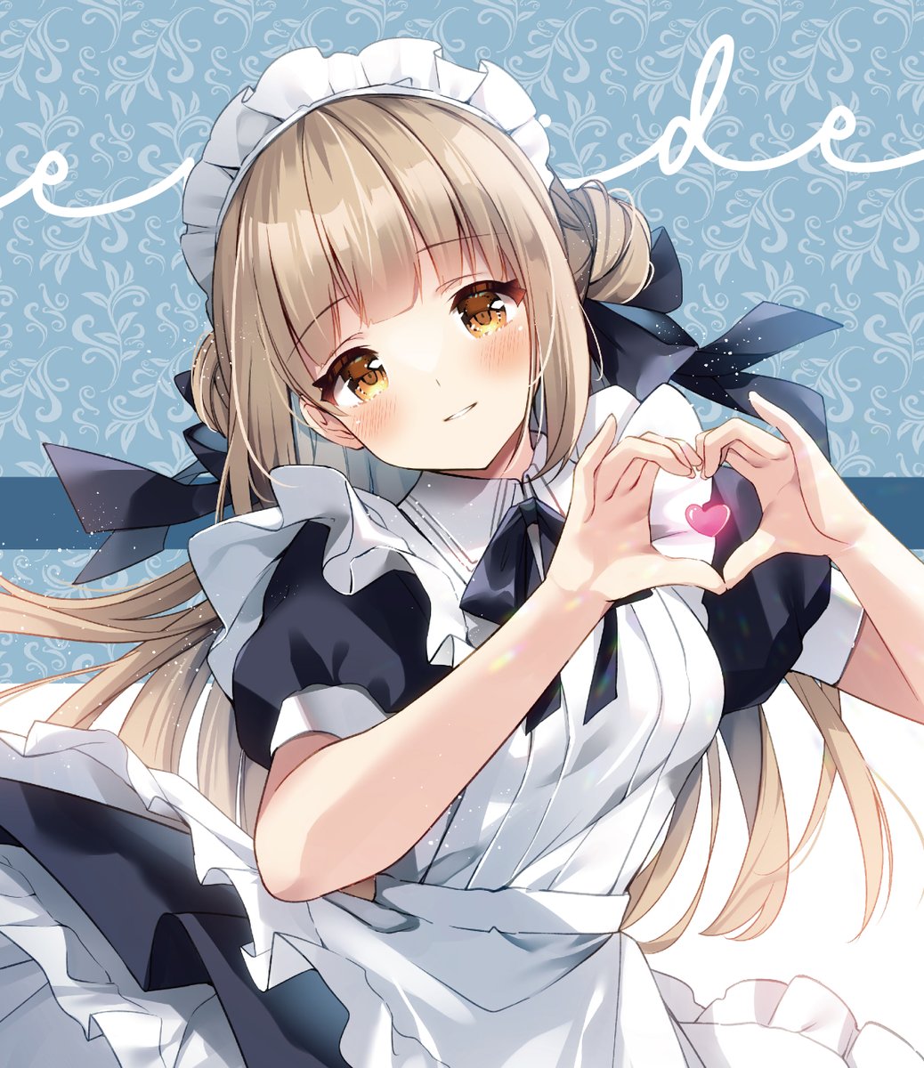 1girl apron black_dress black_ribbon blue_background blunt_bangs blush brown_eyes brown_hair commentary double_bun dress floating_clothes floating_hair frilled_apron frills hair_bun hands_up head_tilt heart heart_hands highres irori koharu_(irori) long_hair looking_at_viewer maid maid_apron maid_headdress neck_ribbon original parted_lips puffy_short_sleeves puffy_sleeves ribbon short_sleeves simple_background smile solo straight_hair two-tone_background upper_body very_long_hair white_apron white_background