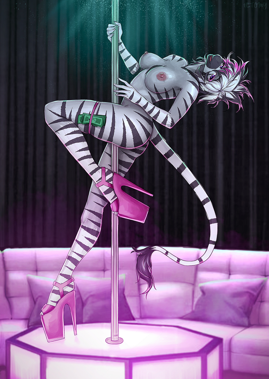 acrobatics anthro bar breasts clothing club dancing dragon equid equine female feral footwear hetomy hi_res high_heels humanoid mammal money nipples pole private shoes solo striptease tail thong underwear zebra