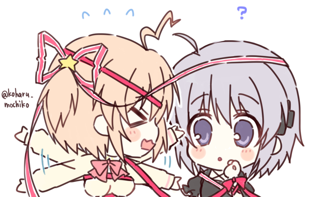 &gt;_&lt; 2girls ? ahoge arm_ribbon black_dress blush_stickers bow breasts chibi commentary company_connection crossover dress facing_away flying_sweatdrops grey_hair hair_ornament hair_ribbon hand_up haruchimo kagari_(rewrite) kamikita_komari key_(company) lightning_ahoge little_busters! long_ribbon long_sleeves looking_at_another medium_breasts motion_lines multiple_girls panicking puffy_short_sleeves puffy_sleeves purple_eyes red_bow red_ribbon rewrite ribbon short_hair short_sleeves simple_background star_(symbol) star_hair_ornament sweater trait_connection twitter_username upper_body waving_arms white_background yellow_sweater