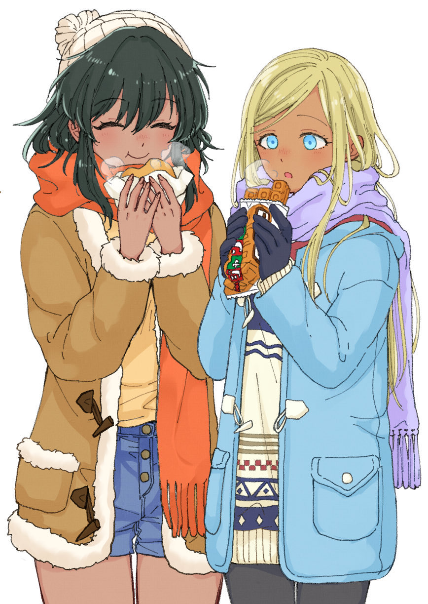 2girls alternate_costume beanie bintaptyo black_gloves black_hair blonde_hair blue_coat blue_eyes blush bread breath brown_coat bun_(food) buttons closed_eyes closed_mouth coat commentary cowboy_shot denim denim_shorts ear_blush eating enpera food food_in_mouth fur_coat fur_trim gloves hair_between_eyes hands_up hat highres holding holding_food ice_cream ice_cream_sandwich idolmaster idolmaster_cinderella_girls layla_(idolmaster) light_blush long_hair long_sleeves looking_at_food medium_hair multicolored_sweater multiple_girls natalia_(idolmaster) nose_blush open_clothes open_coat open_mouth pocket pom_pom_(clothes) pom_pom_beanie purple_scarf red_scarf scarf shirt shorts sidelocks simple_background smile sol_qamar_(idolmaster) standing straight-on straight_hair sweater swept_bangs thighs white_background white_headwear winter_clothes wrapper yellow_shirt