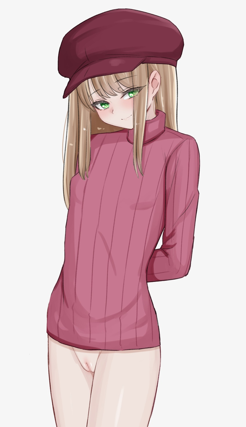 1girl arms_behind_head blonde_hair blush bottomless breasts censored cleft_of_venus eyelashes green_eyes hat highres long_hair looking_at_viewer mosaic_censoring mustee no_panties no_pants original pink_sweater pussy red_headwear sidelocks simple_background small_breasts smile solo standing sweater turtleneck turtleneck_sweater white_background