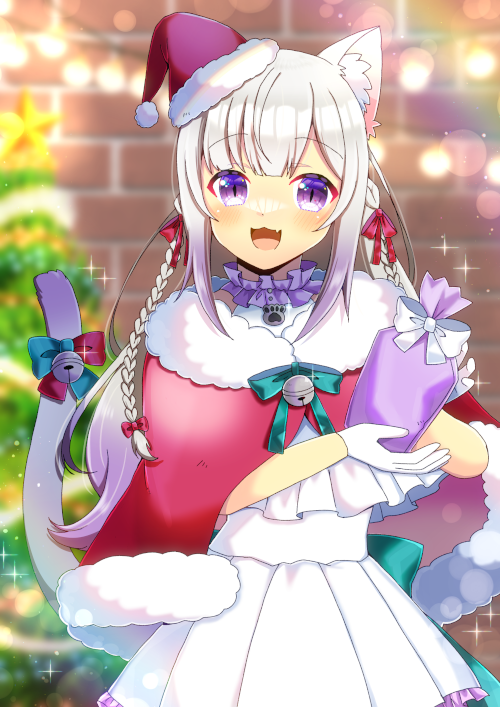 1girl :3 :d animal_ear_fluff animal_ears bell blue_bow blurry blurry_background bow brick_wall capelet cat_ears cat_girl cat_tail christmas_ornaments christmas_tree commentary_request commission depth_of_field dress fang fur-trimmed_capelet fur-trimmed_headwear fur_trim gift hair_bow hat holding holding_gift indie_virtual_youtuber jingle_bell kou_hiyoyo looking_at_viewer mini_hat mini_santa_hat nekome_shia pleated_dress purple_eyes red_bow red_capelet red_headwear santa_hat skeb_commission smile solo star_(symbol) tail tail_bell tail_ornament tilted_headwear virtual_youtuber white_dress
