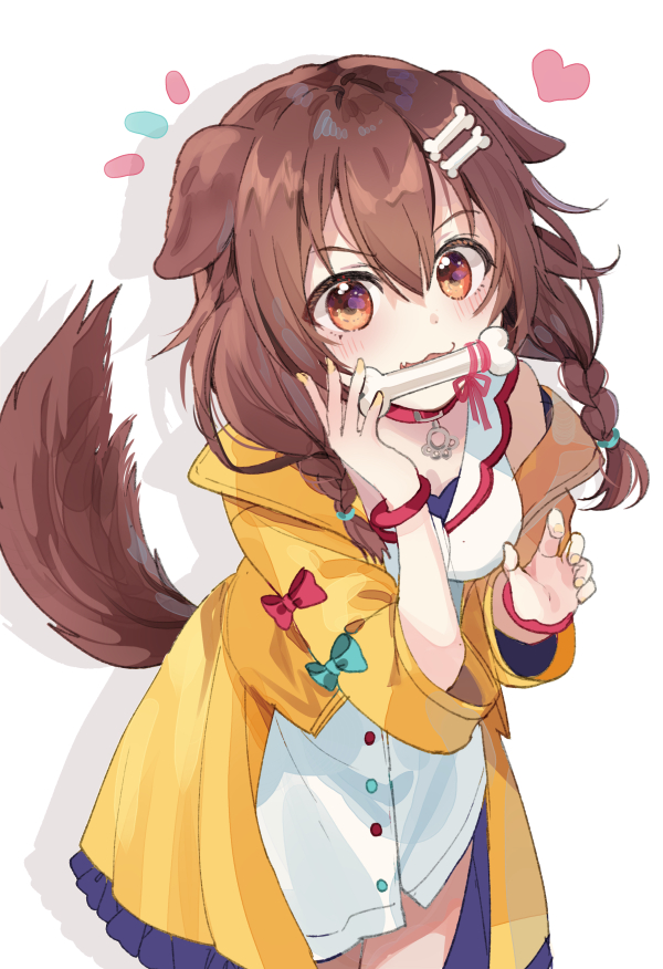 1girl animal_ears bone bone_hair_ornament braid brown_eyes brown_hair chocho_(homelessfox) dog_ears dog_tail hair_ornament holding holding_bone hololive inugami_korone jacket red_bracelet side_braids solo tail virtual_youtuber yellow_jacket