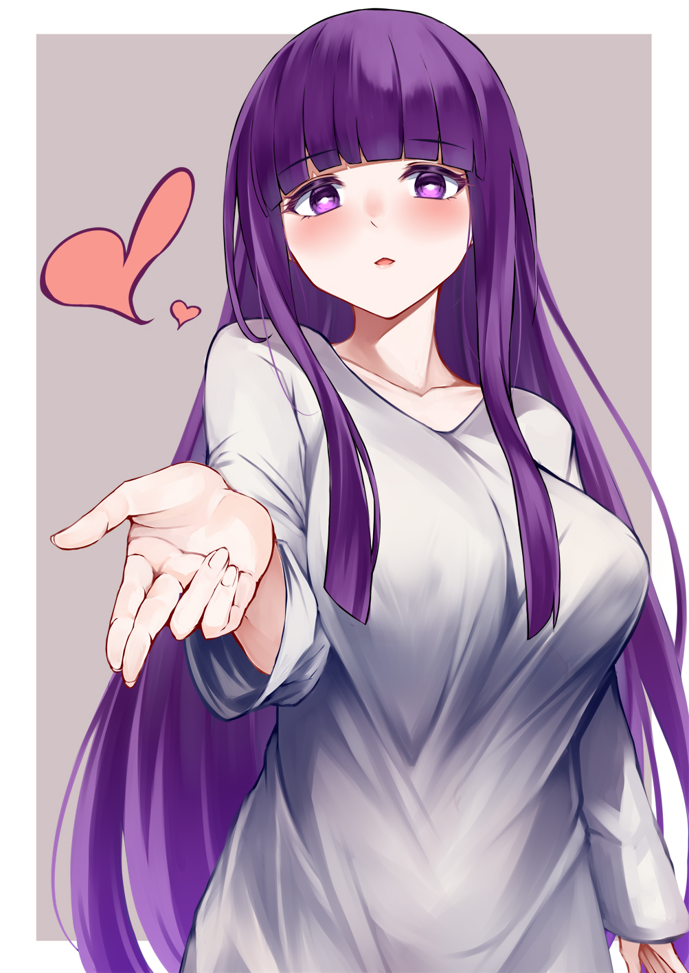 1girl alternate_costume arm_at_side blowing_kiss blunt_bangs blunt_ends blush border breasts bright_pupils collarbone colored_eyelashes commentary_request eyelashes fern_(sousou_no_frieren) fingernails foreshortening grey_background heart highres irohara large_breasts long_hair long_sleeves looking_at_viewer open_mouth purple_eyes purple_hair reaching reaching_towards_viewer shirt sidelocks simple_background smile solo sousou_no_frieren standing straight_hair upper_body very_long_hair white_border white_shirt