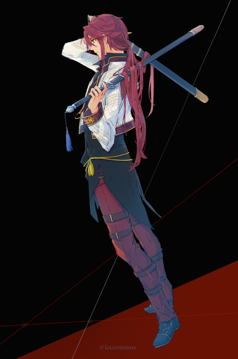 1boy aaron_wei black_background cropped_jacket curtained_hair dual_wielding eiyuu_densetsu from_side full_body highres holding holding_sword holding_weapon kuro_no_kiseki miche_(locominima) pommel_tassel ponytail red_background red_eyes shoes solo sword tassel two-tone_background weapon yellow_eyes