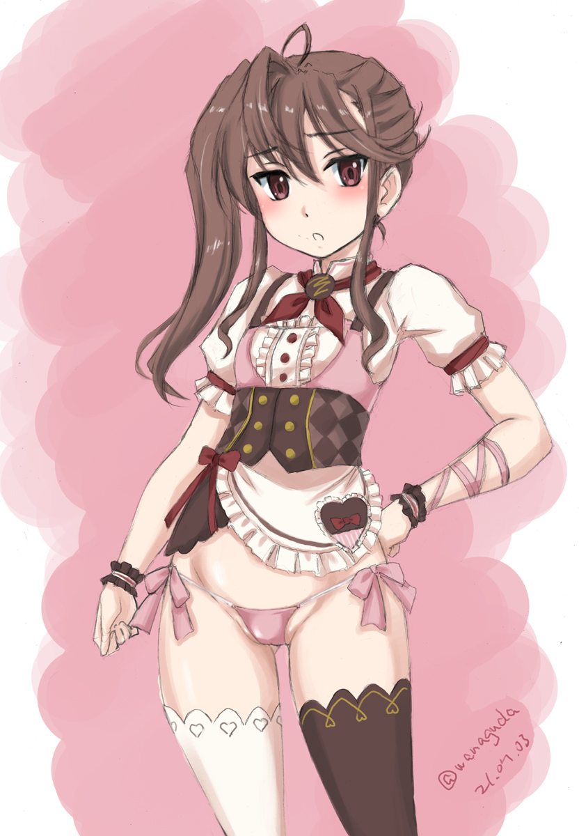 1girl 22/7 arm_ribbon asymmetrical_legwear black_thighhighs blush brown_eyes brown_hair center_frills commentary_request cowboy_shot dated frilled_cuffs frills frown hand_on_own_hip heart high_collar highres long_hair looking_at_viewer mismatched_legwear neck_ribbon no_pants open_mouth panties pink_panties pink_vest puffy_short_sleeves puffy_sleeves red_ribbon ribbon shirt short_sleeves side-tie_panties side_ponytail sidelocks solo standing string_panties thighhighs toda_jun twitter_username underwear vest wan'yan_aguda white_shirt white_thighhighs