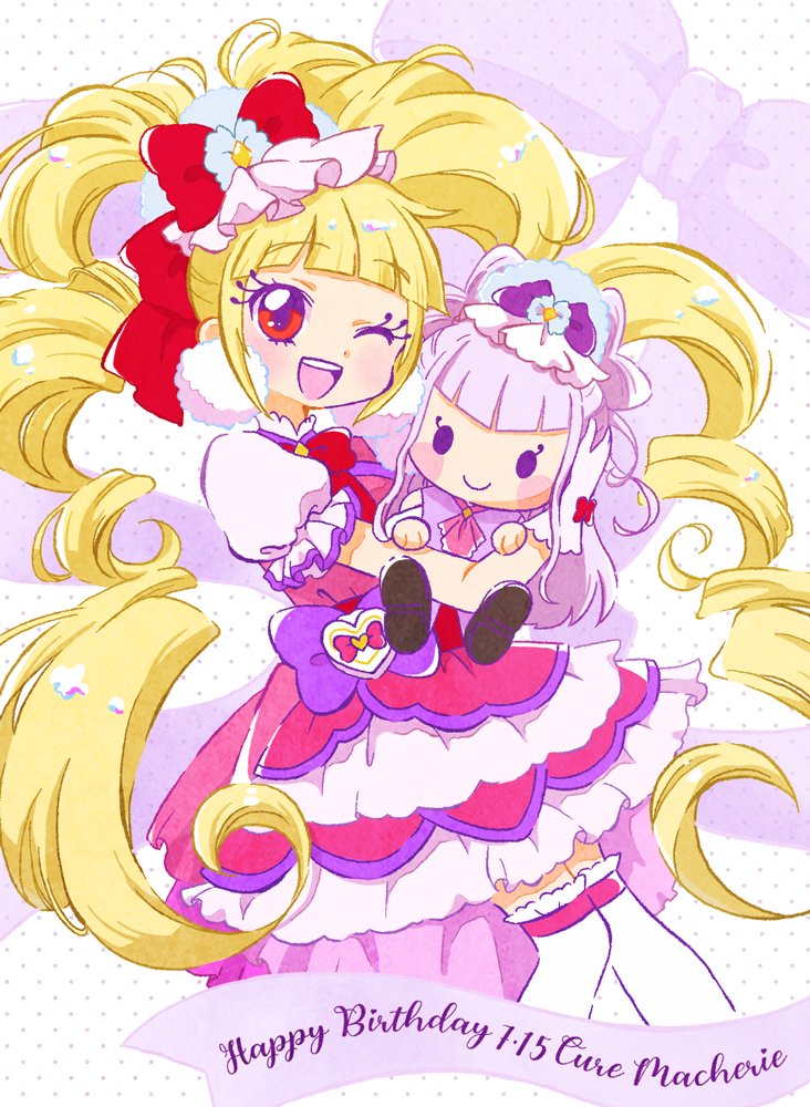 1girl aisaki_emiru blonde_hair blunt_bangs bow commentary_request cure_amour cure_macherie dress drill_hair earrings english_text gloves hair_bow hair_ornament happy_birthday heart_pouch holding holding_stuffed_toy hoppetoonaka3 hugtto!_precure jewelry layered_dress long_hair magical_girl open_mouth pom_pom_(clothes) pom_pom_earrings precure puffy_sleeves purple_bow purple_eyes red_bow red_eyes ruru_amour short_sleeves simple_background smile stuffed_toy thighhighs twin_drills twintails white_gloves
