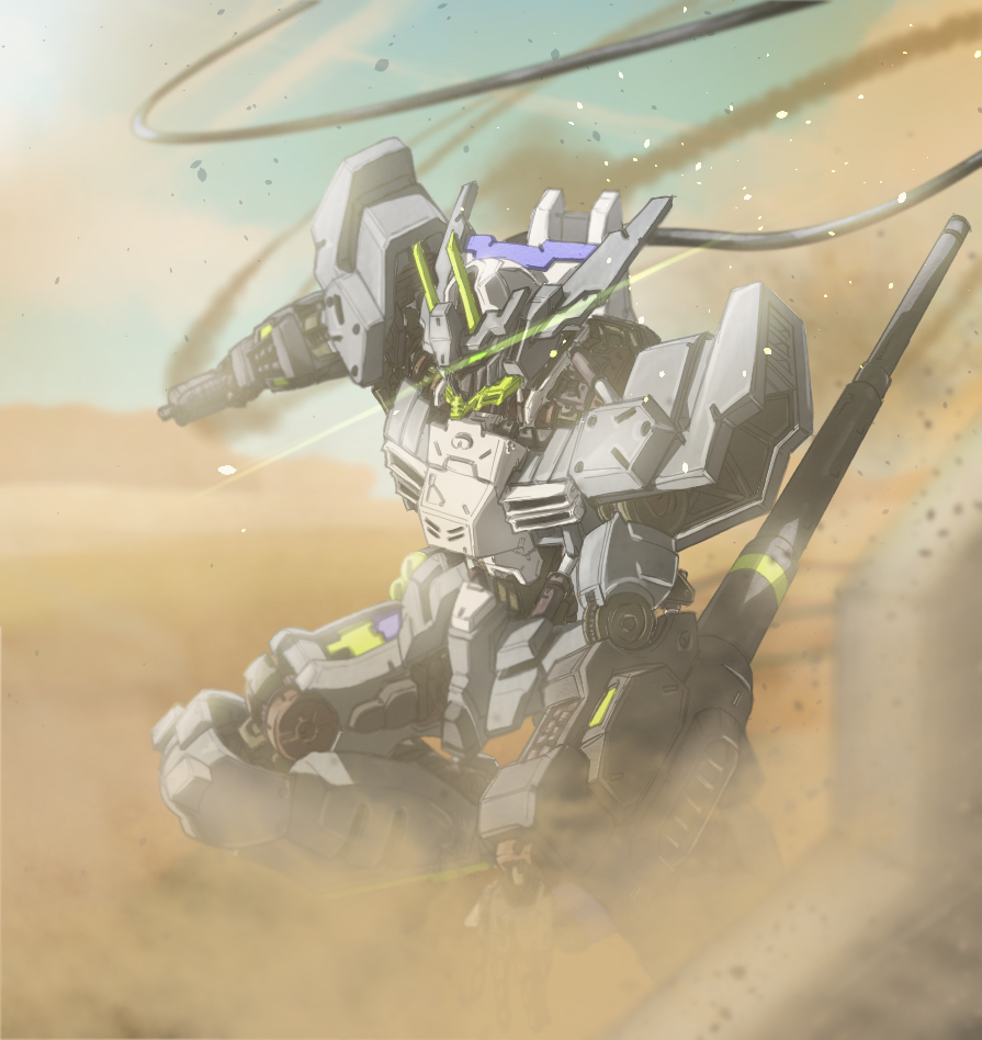 arm_cannon cable commentary_request debris desert dust_cloud glowing glowing_eyes green_eyes gundam gundam_asmoday gundam_tekketsu_no_orphans holding holding_weapon mecha nnu_(vhym4275) no_humans on_one_knee piston reverse_grip robot solo v-fin weapon