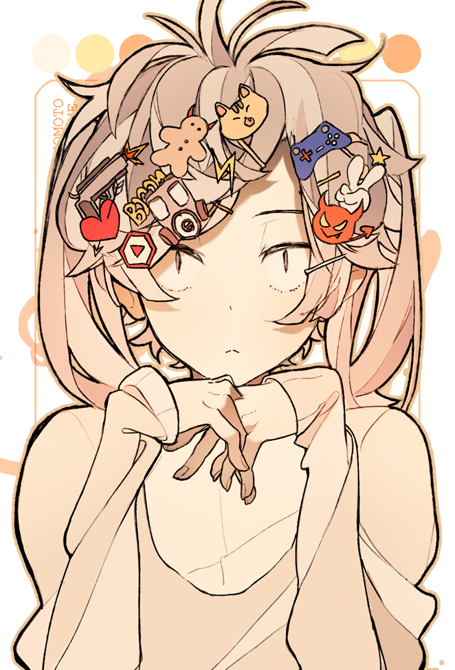 1girl :&lt; alternate_hair_color ama_(i-ekk) animal_hair_ornament arrow_through_heart border brown_eyes brown_sweater character_name circle closed_mouth enomoto_takane food-themed_hair_ornament frown gingerbread_man_hair_ornament gradient_hair hair_ornament hairclip heart heart_hair_ornament hexagon hexagon_hair_ornament inset_border kagerou_project lightning_bolt_hair_ornament lightning_bolt_symbol long_hair long_sleeves looking_at_viewer multicolored_hair orange_border orange_outline outside_border own_hands_together rounded_corners solo star_(symbol) star_hair_ornament straight-on sweater text_hair_ornament too_many too_many_hair_ornaments too_many_hairclips twintails upper_body white_background