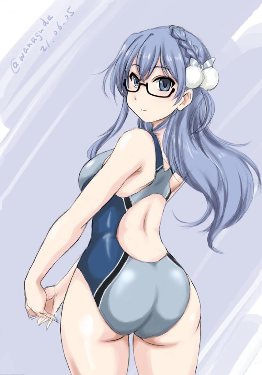 1girl 22/7 ass back_cutout black-framed_eyewear blue_eyes blue_hair blue_one-piece_swimsuit braid closed_mouth clothing_cutout commentary_request competition_swimsuit cowboy_shot dated from_behind glasses hair_ornament highres long_hair looking_at_viewer looking_back maruyama_akane one-piece_swimsuit own_hands_together semi-rimless_eyewear smile solo standing swimsuit twitter_username under-rim_eyewear wan'yan_aguda
