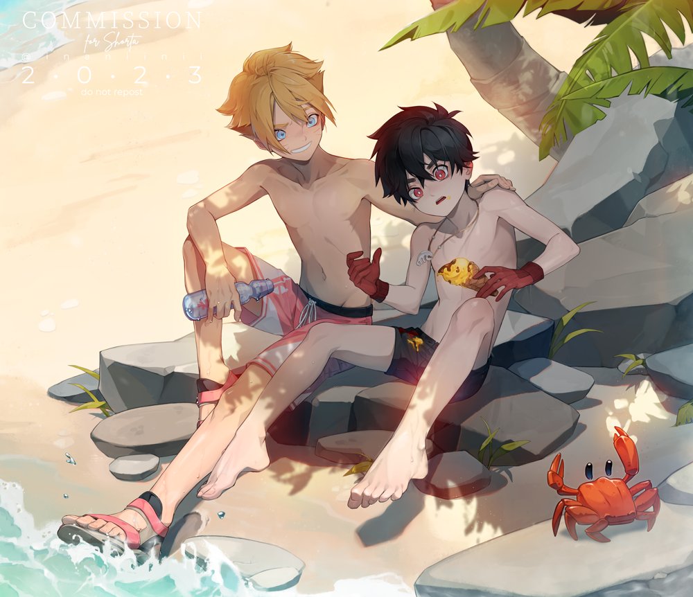 2boys barefoot beach black_hair blonde_hair blue_eyes boruto:_naruto_next_generations bottle commentary crab crossover english_commentary english_text facial_mark feet food gloves ice_cream inaniinii kemono_jihen knee_up kusaka_kabane legs male_swimwear multiple_boys naruto_(series) navel palm_tree red_eyes red_gloves rock sandals sitting sitting_on_rock teeth toenails toes topless_male tree upper_teeth_only uzumaki_boruto vgen_commission water_bottle