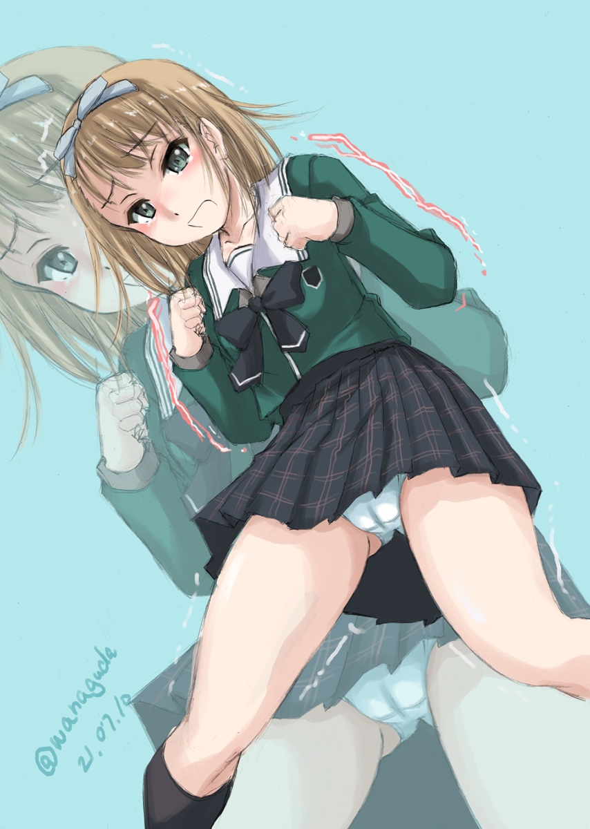 1girl 22/7 black_bow black_skirt black_socks blonde_hair blouse blue_panties blush bow cameltoe clenched_hands collared_shirt commentary_request crotch_seam dated frown green_background green_eyes green_shirt hair_ribbon highres kneehighs leaning_forward long_sleeves looking_at_viewer miniskirt open_mouth panties pantyshot plaid plaid_skirt pleated_skirt ribbon saitou_nicole school_uniform shirt short_hair skirt socks solo standing tearing_up trembling twitter_username underwear wan'yan_aguda zoom_layer